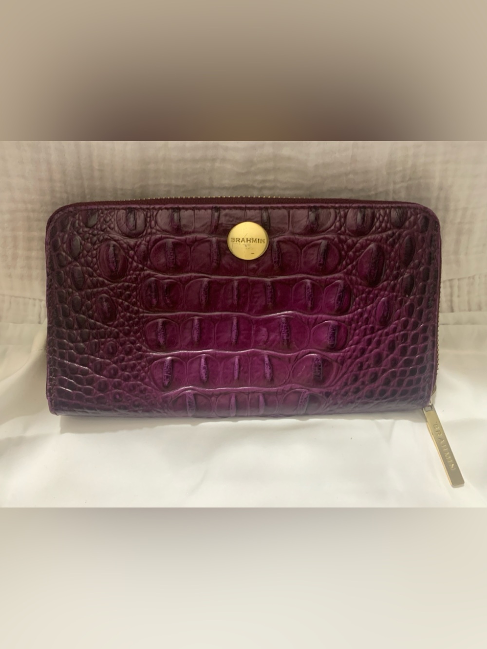 Brahmin Deep Purple Croc-Embossed Zip Wallet with Gold Accent